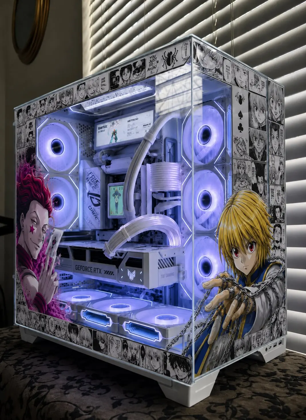 Manga-panel border wrap around the glass with the white build and sensor panel visible inside
