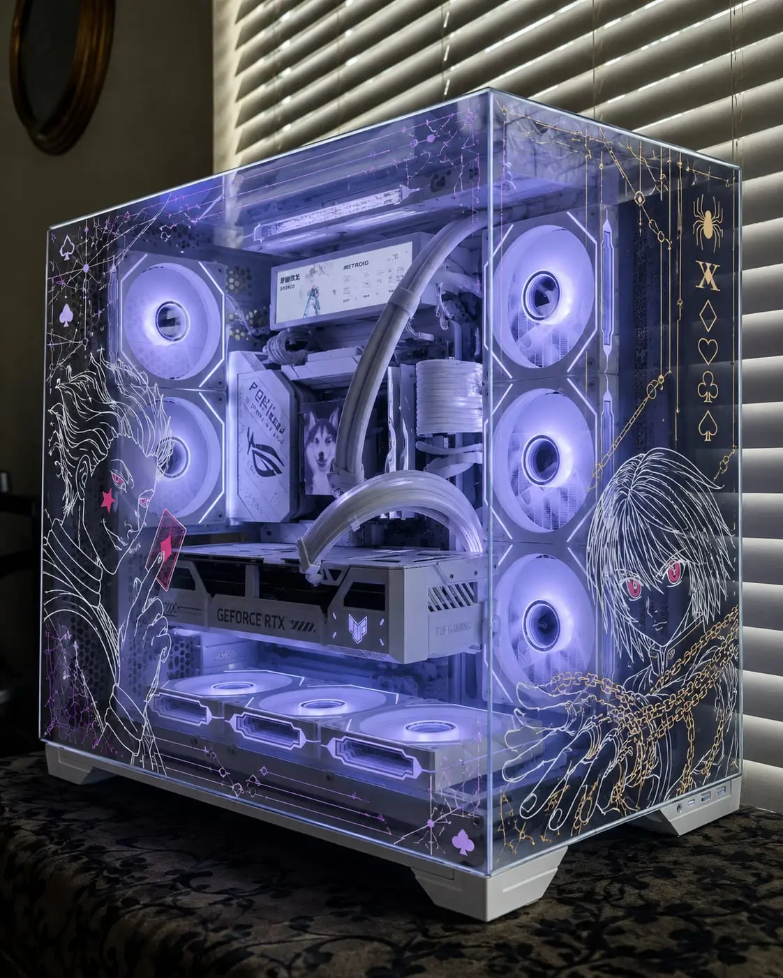 Card-and-chain wrap art across the top glass, fans glowing lavender beneath