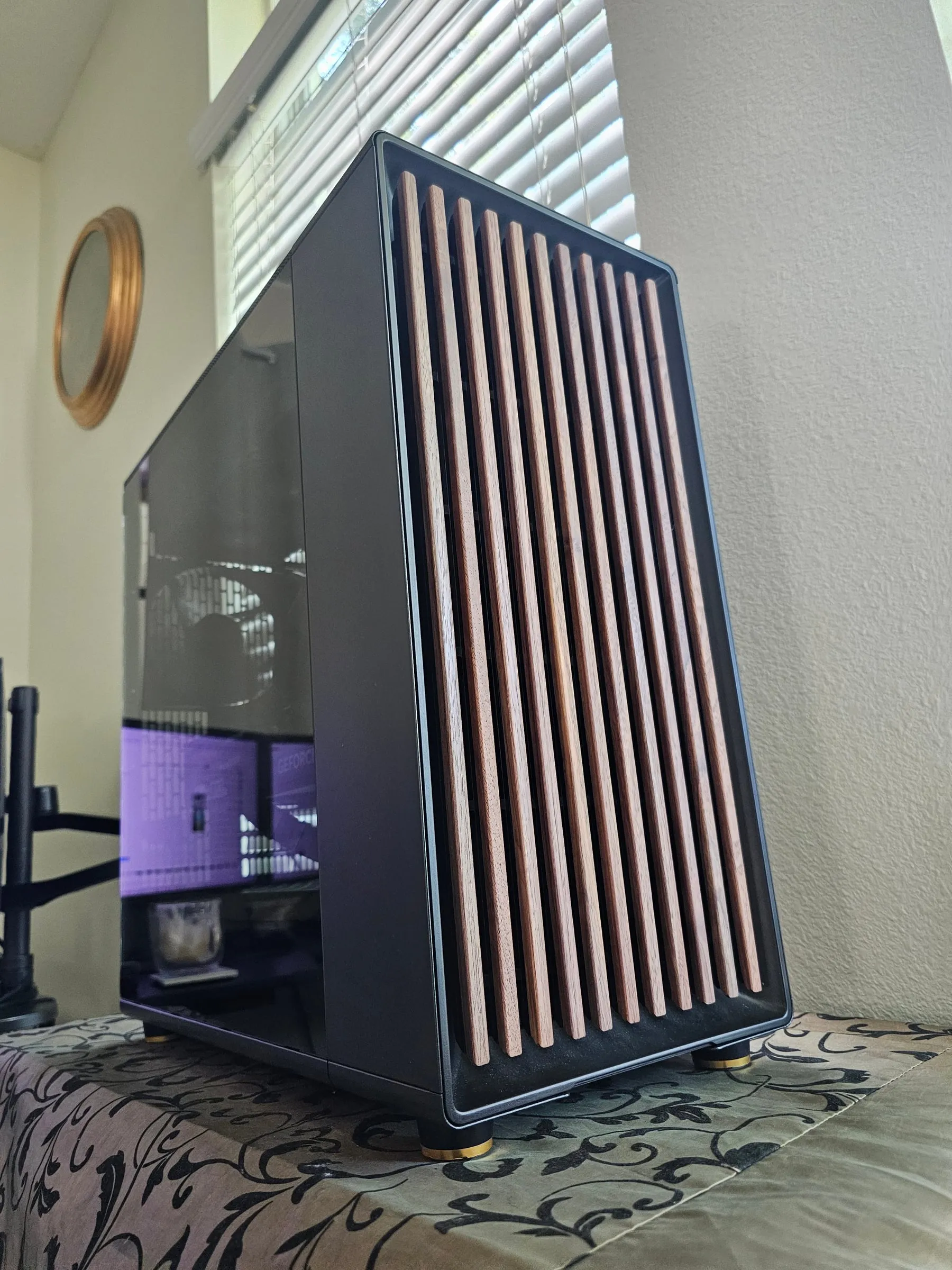 Fractal North XL Charcoal — real walnut front slats, dark tinted glass, and brass feet
