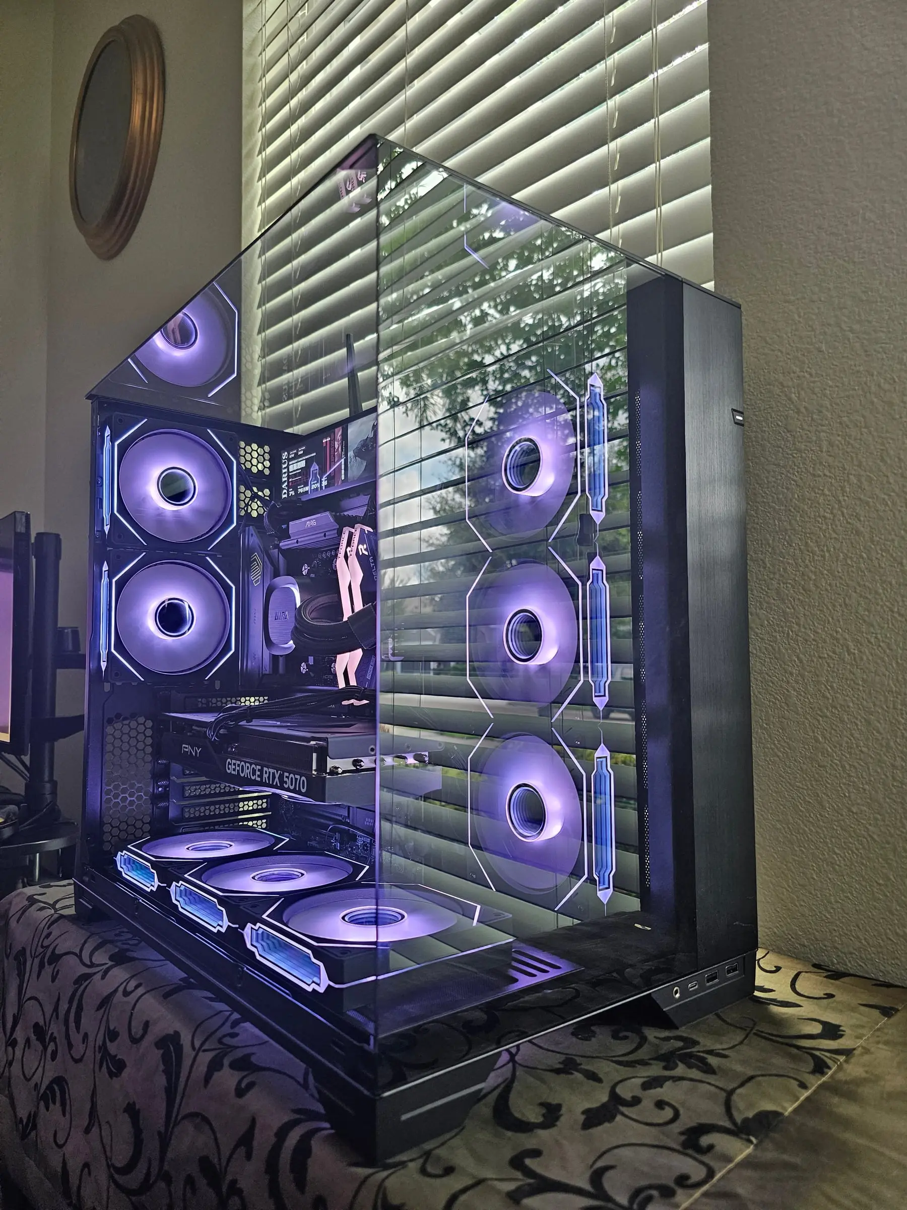 Side angle of the tri-glass box with eight Prism 4RS fans in white-violet