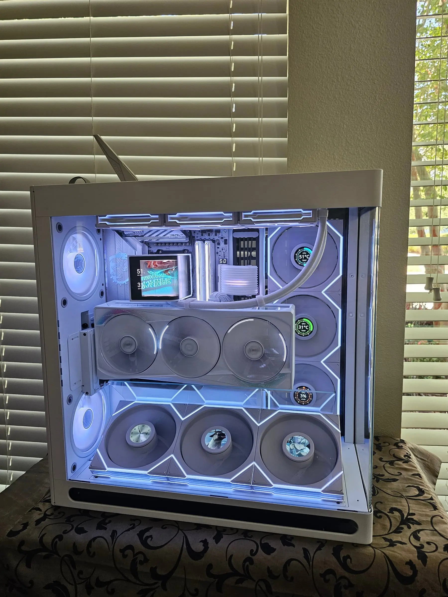 Front-on pure white — fan LCDs showing CPU and GPU temps, a clock, and character art around the white Aorus card