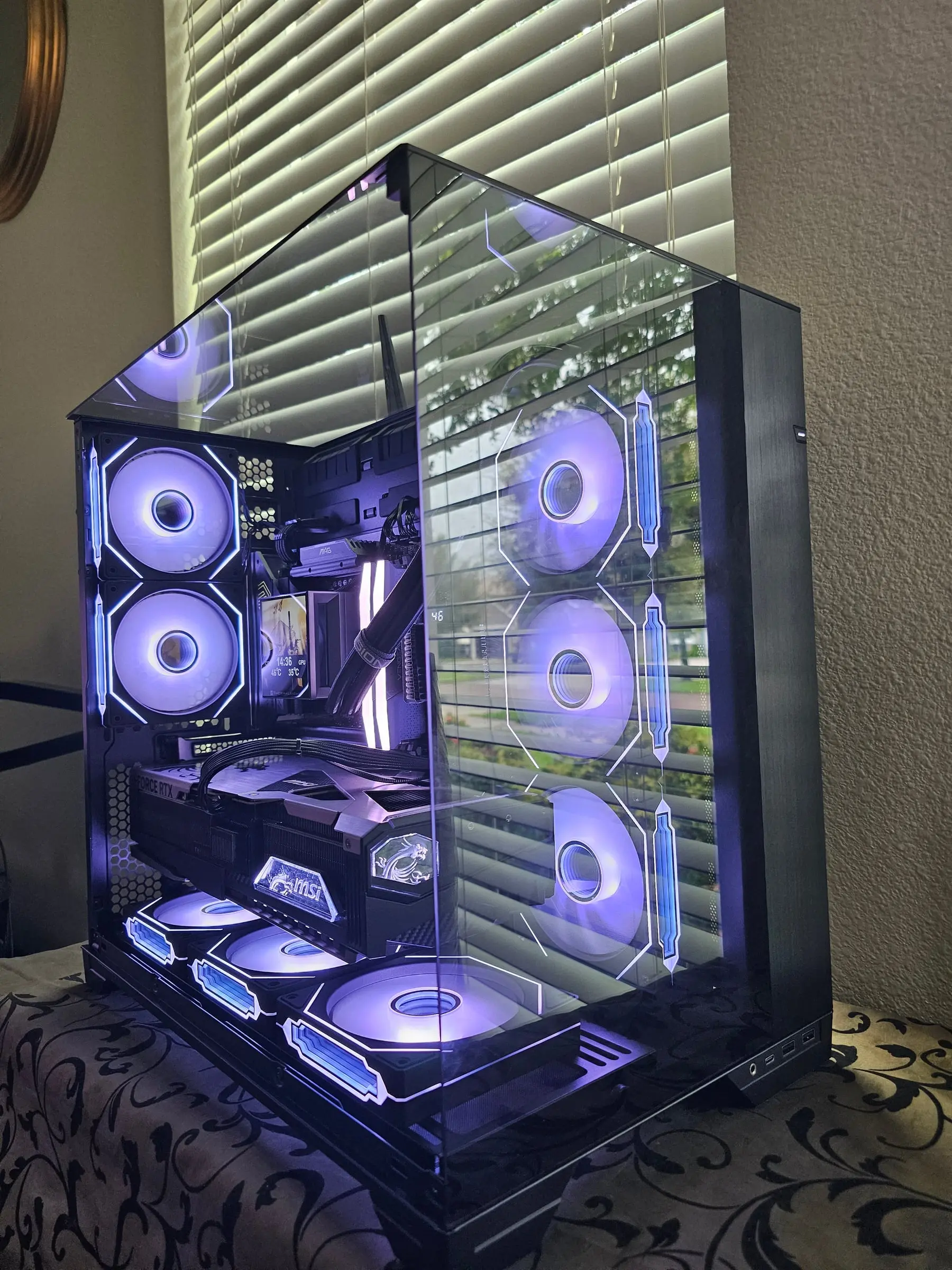 White-violet theme with eight Prism 4RS infinity-mirror fans glowing through the glass