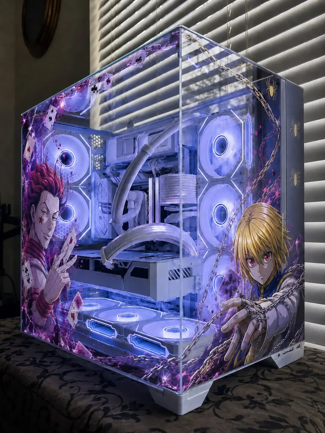 Hisoka's cards and Kurapika's chains framing the violet-lit white chamber
