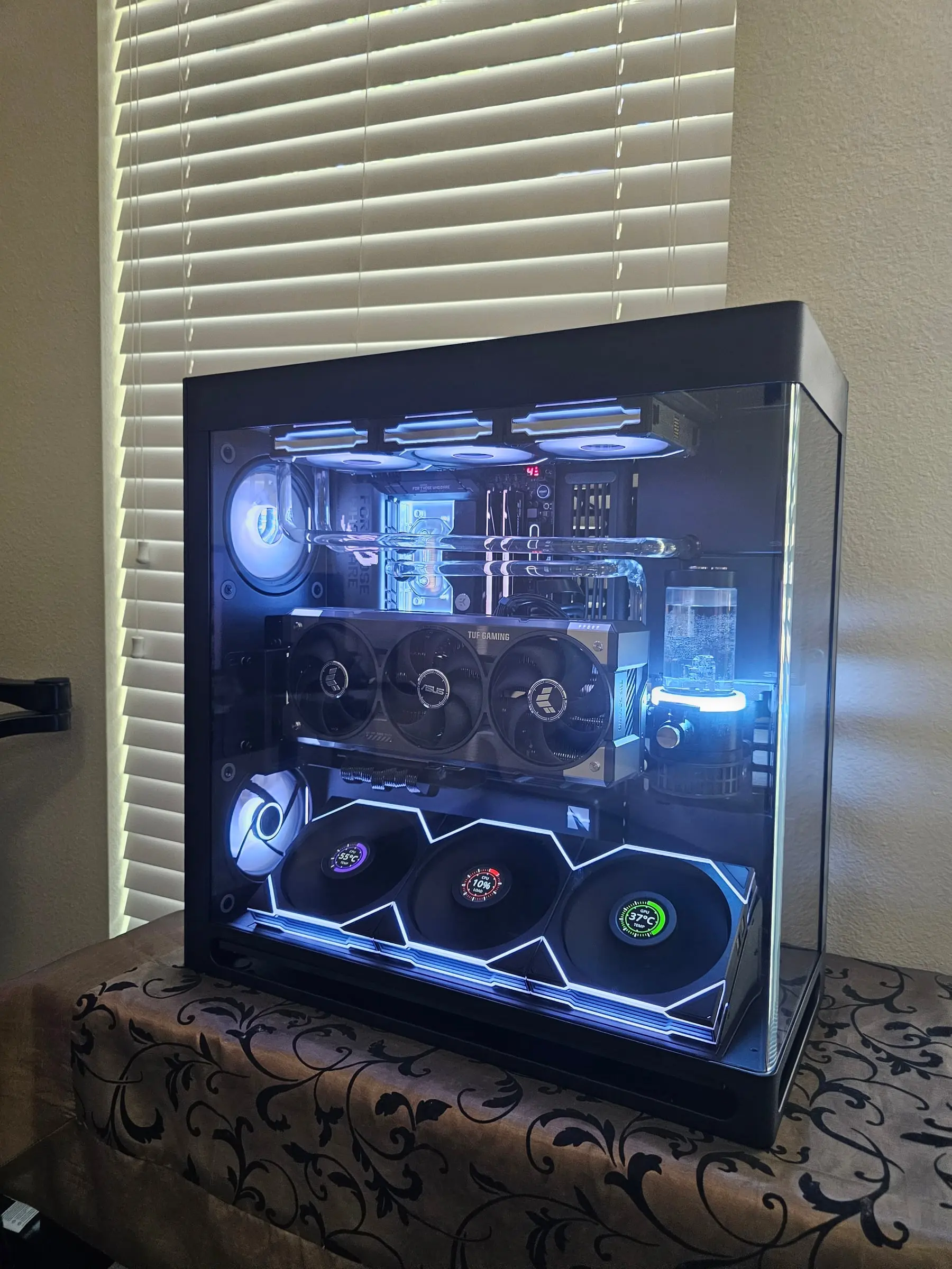 Ice-white front view — EK block, acrylic runs, and reservoir ring glowing