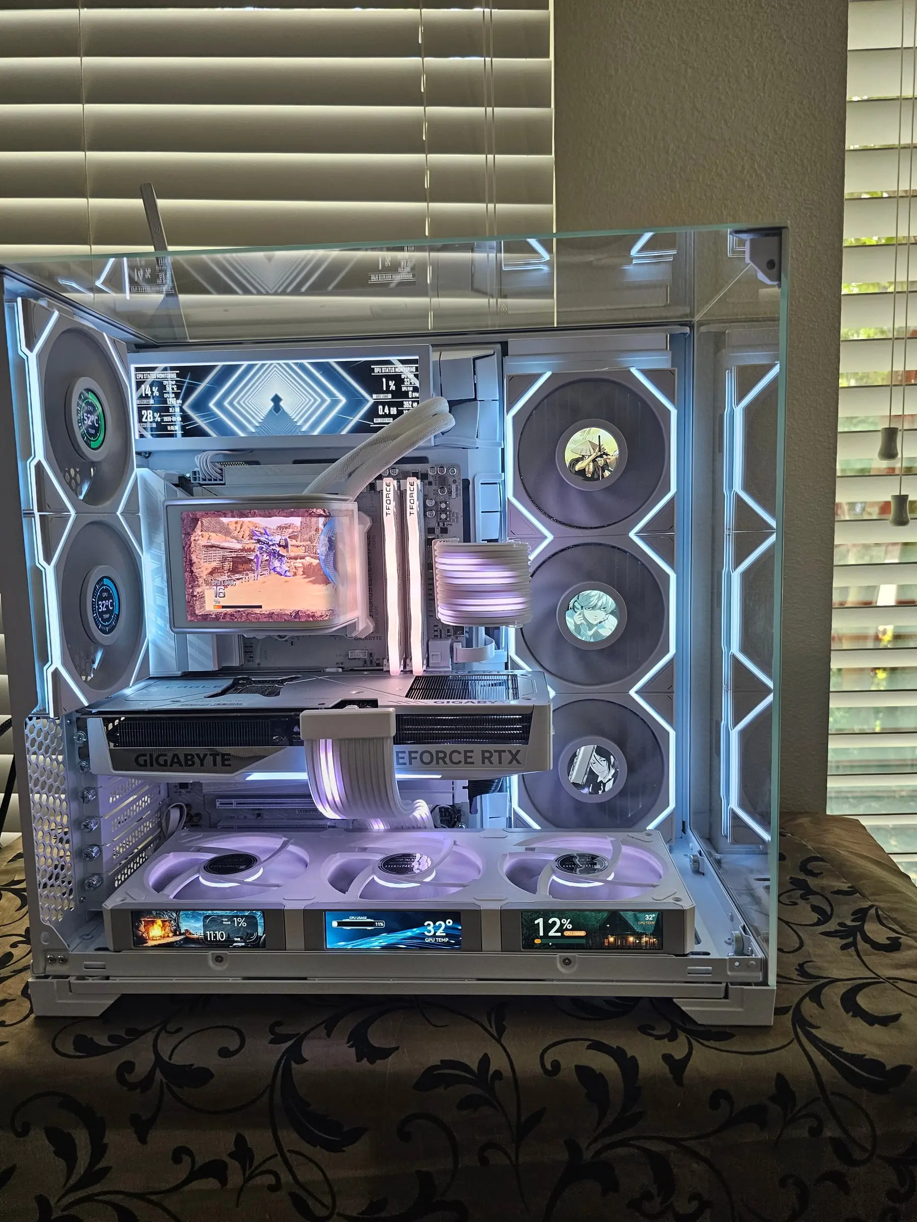 All ten screens at once — 8.8-inch dashboard, curved OLED on the loop, three floor screen-fans, and LCD fans with anime art