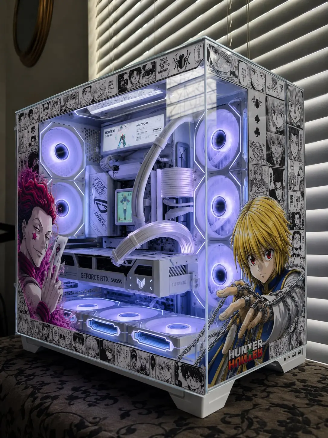 Three-quarter view of the wrap with the white GeForce RTX card and Strimer arcs inside