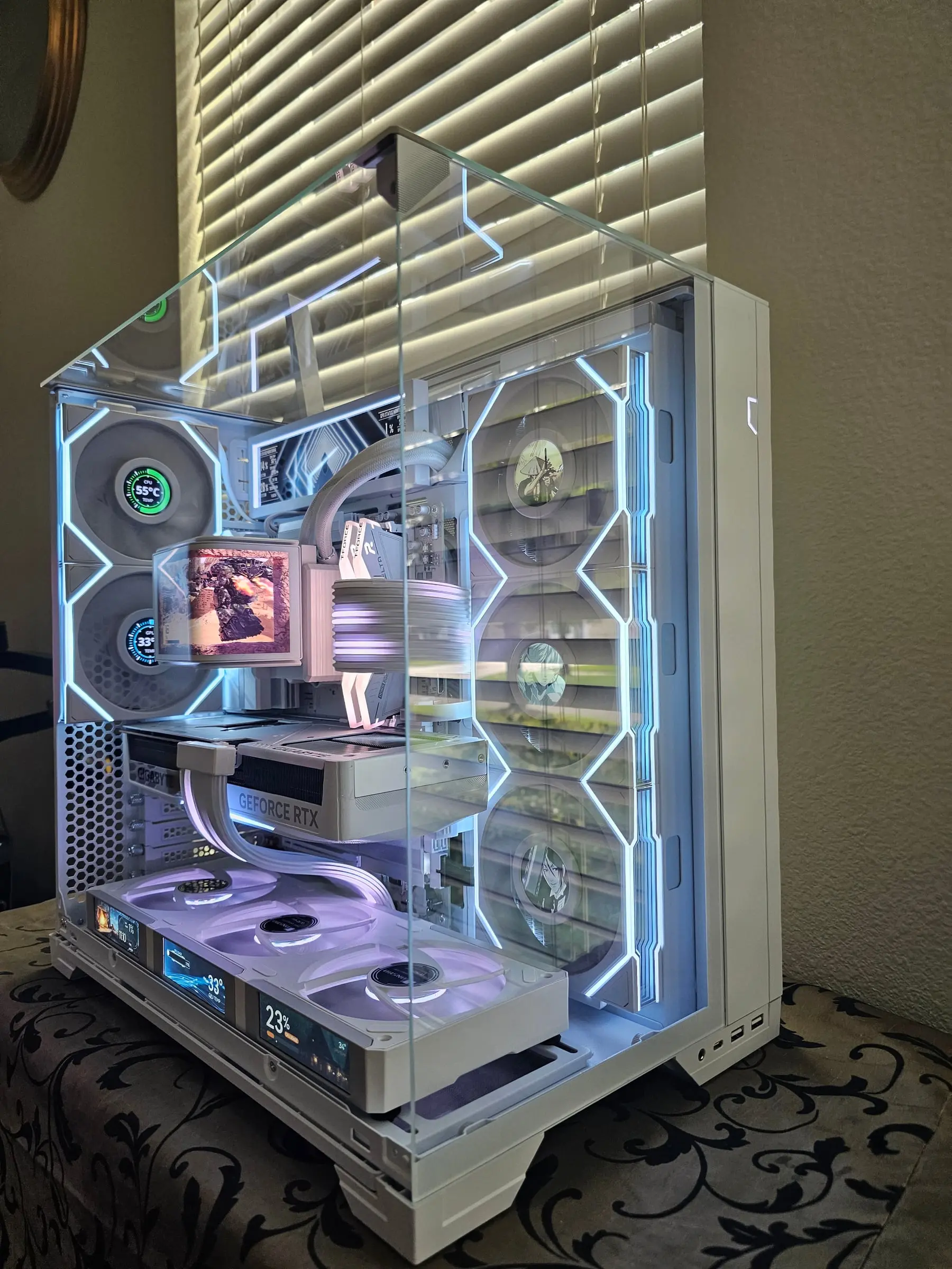 Side profile — white riser cable to the Eagle 5070 Ti, floor screens showing clock and temps