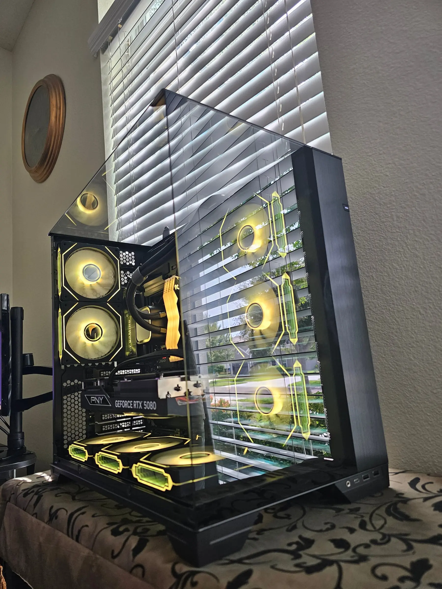 Lime-gold theme with the TUF shroud and PNY card catching the glow