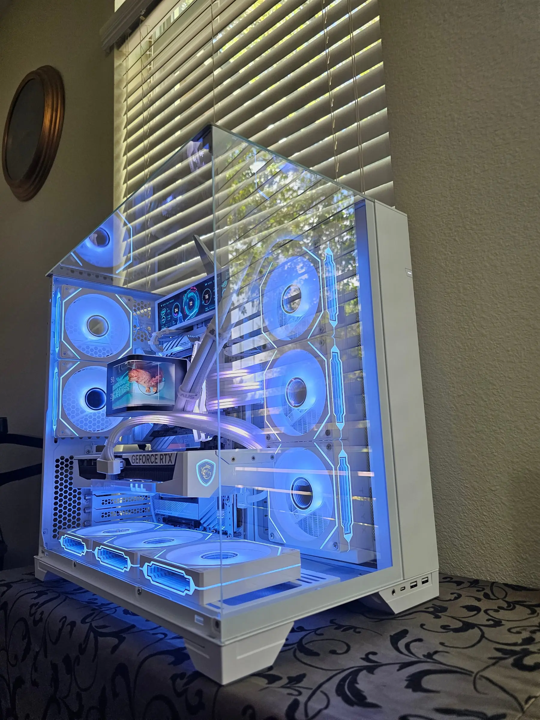 Ice-blue theme — ROG dashboard on the sensor panel, the AMOLED showing a terrarium scene