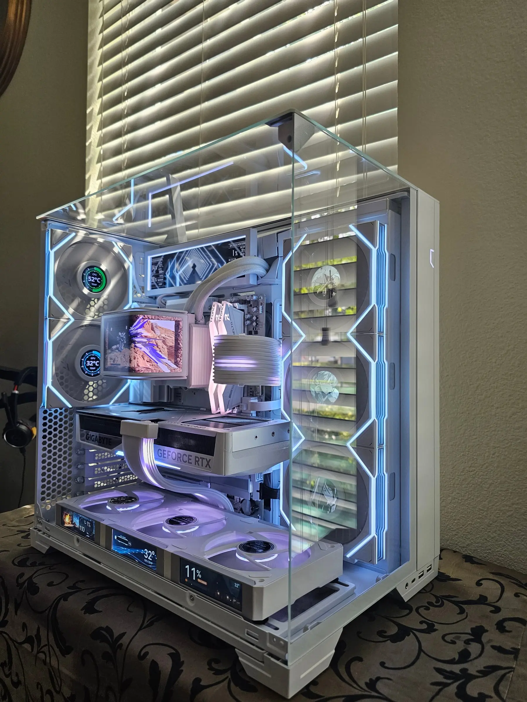 Blue theme with a mech clip on the curved OLED and dashboards running on every panel