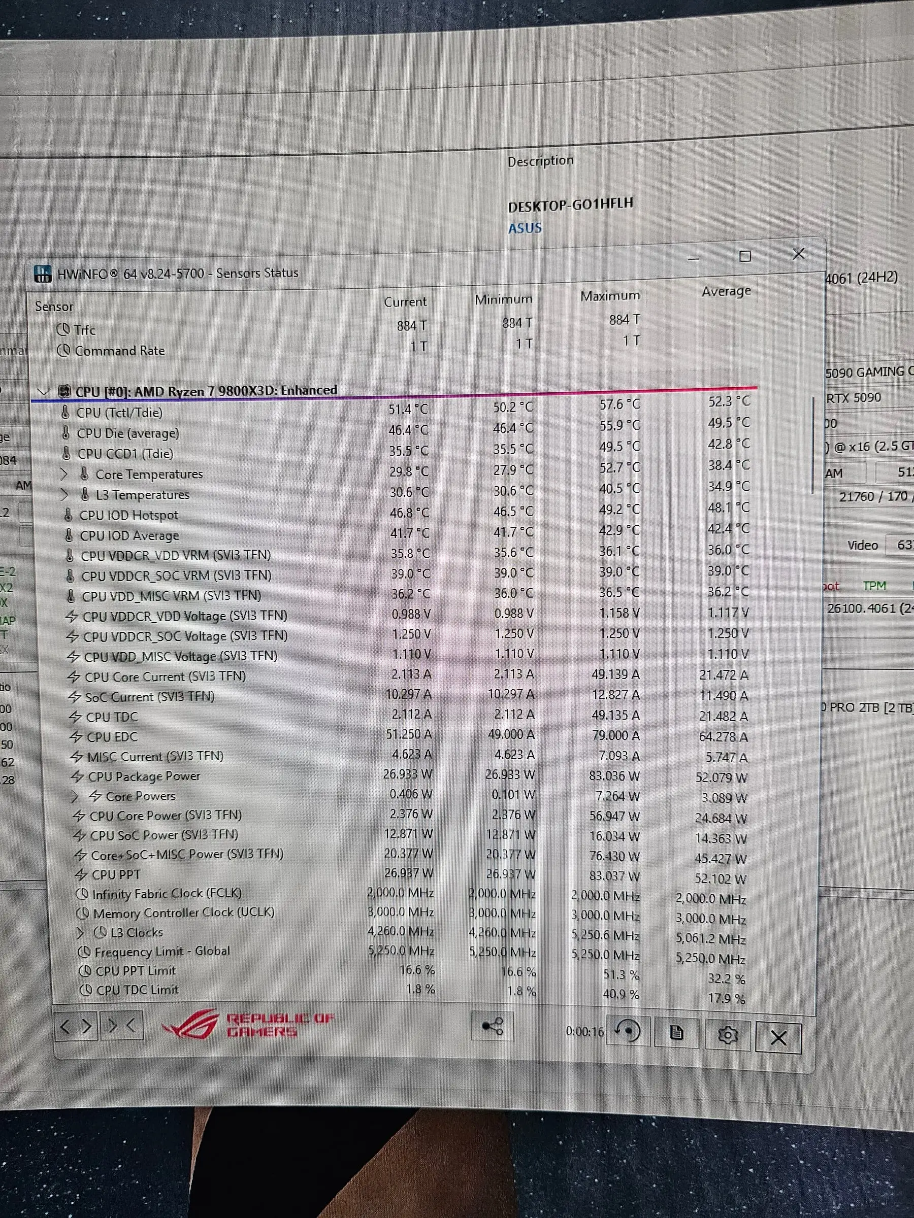 HWiNFO sensor readout confirming the AMD Ryzen 7 9800X3D running up to 57.6°C under load