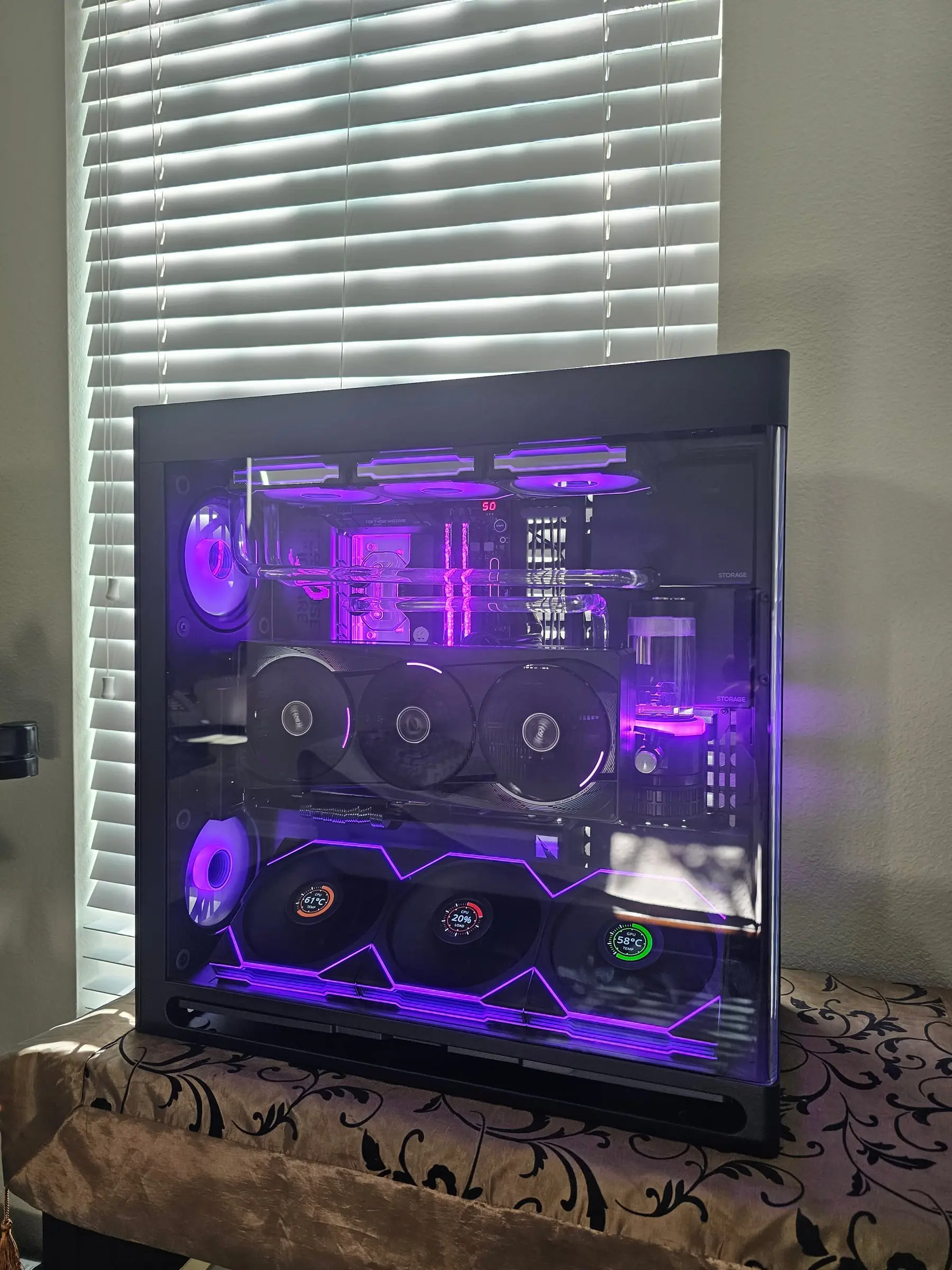 Violet angle showing the D5 reservoir tower and the Strix board through the glass