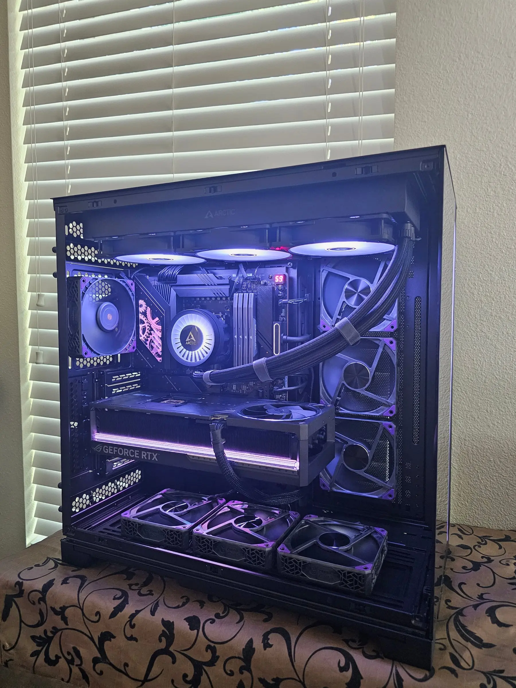 Wide purple view — Taichi gears, 420mm radiator up top, side and bottom Super Flower fan walls