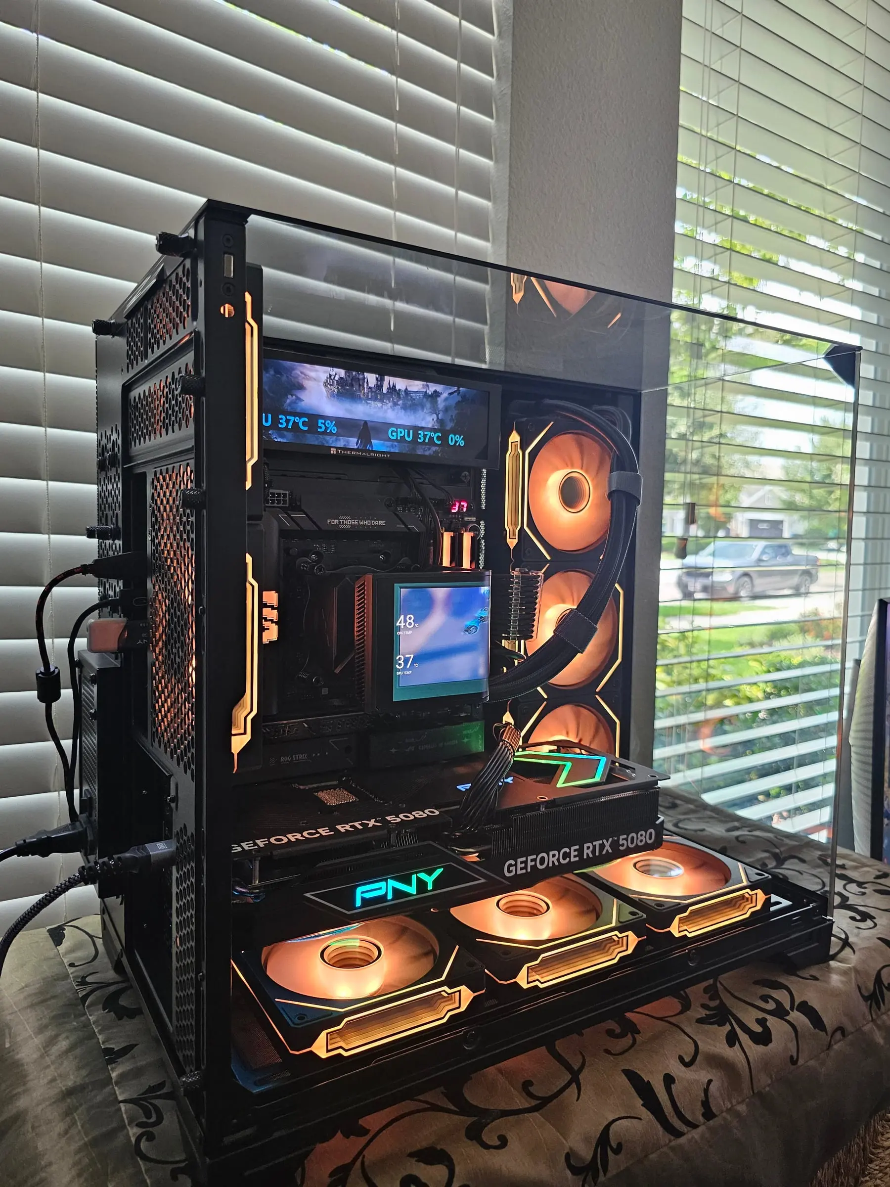Pink theme filling the tri-glass box, PNY logo and GPU chevron matching