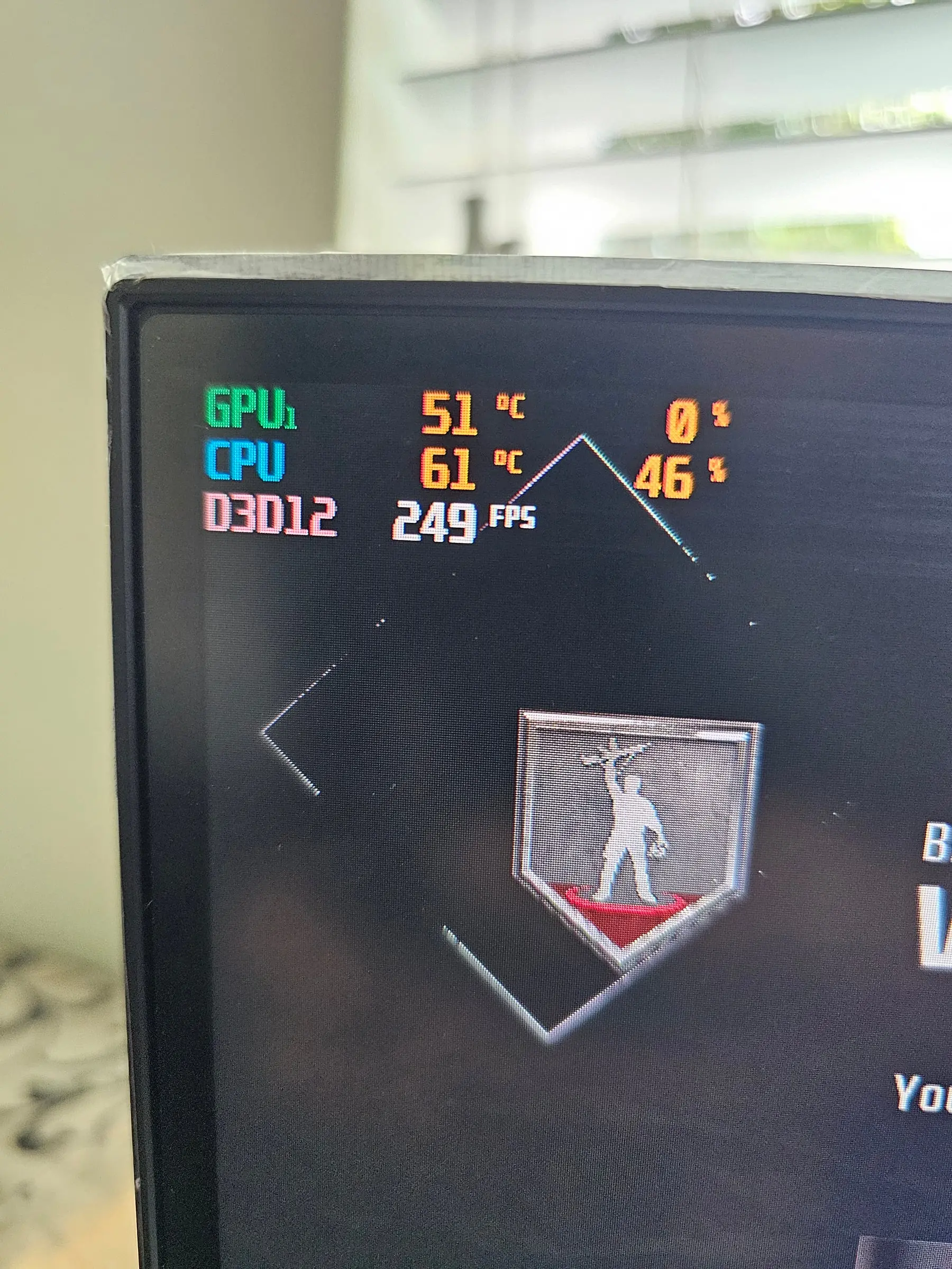 In-game overlay showing 249 FPS with GPU at 51°C and CPU at 61°C during a benchmark run