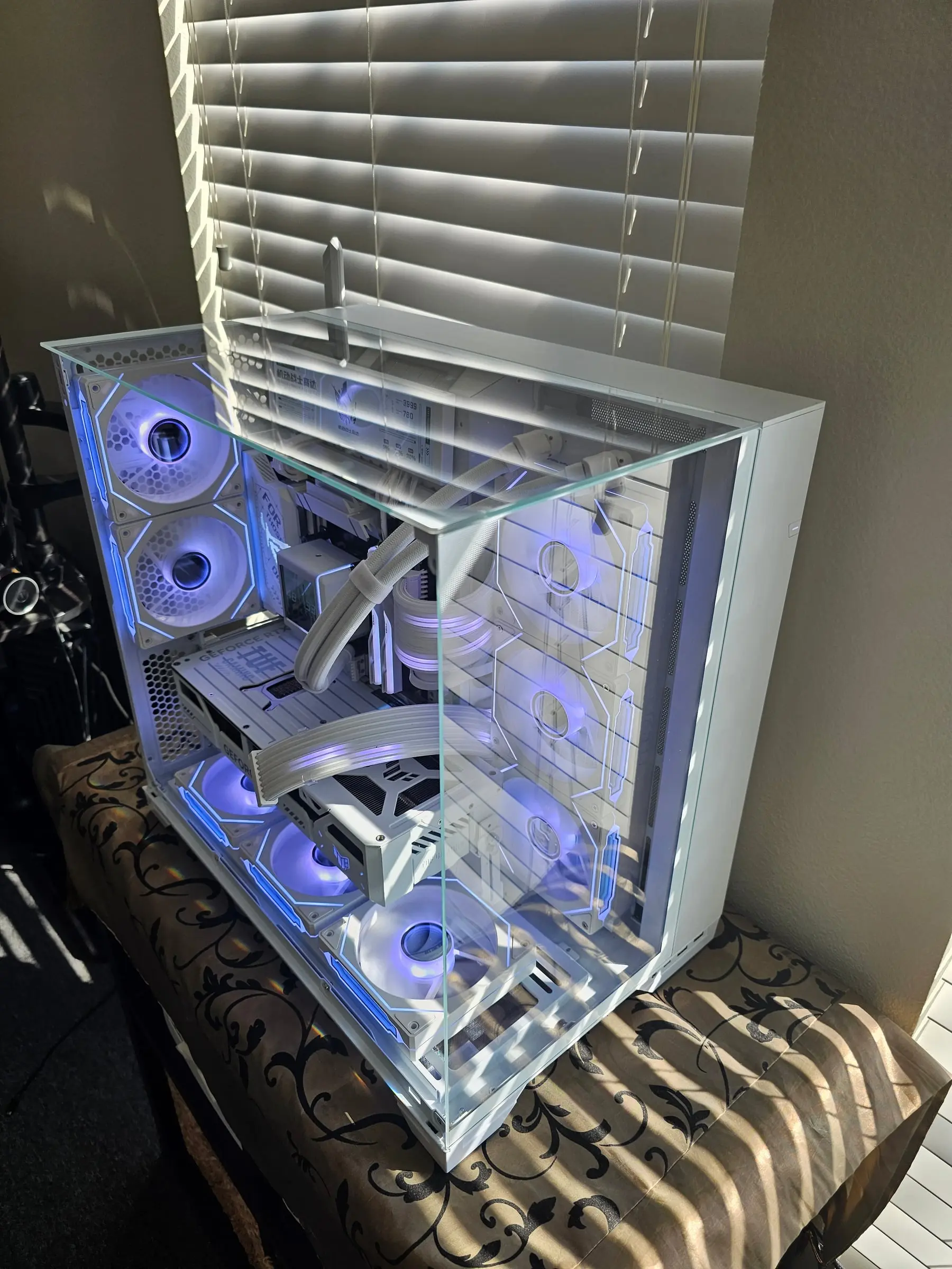 Daylight view with a Gundam stats layout on the sensor panel and blue-white fans