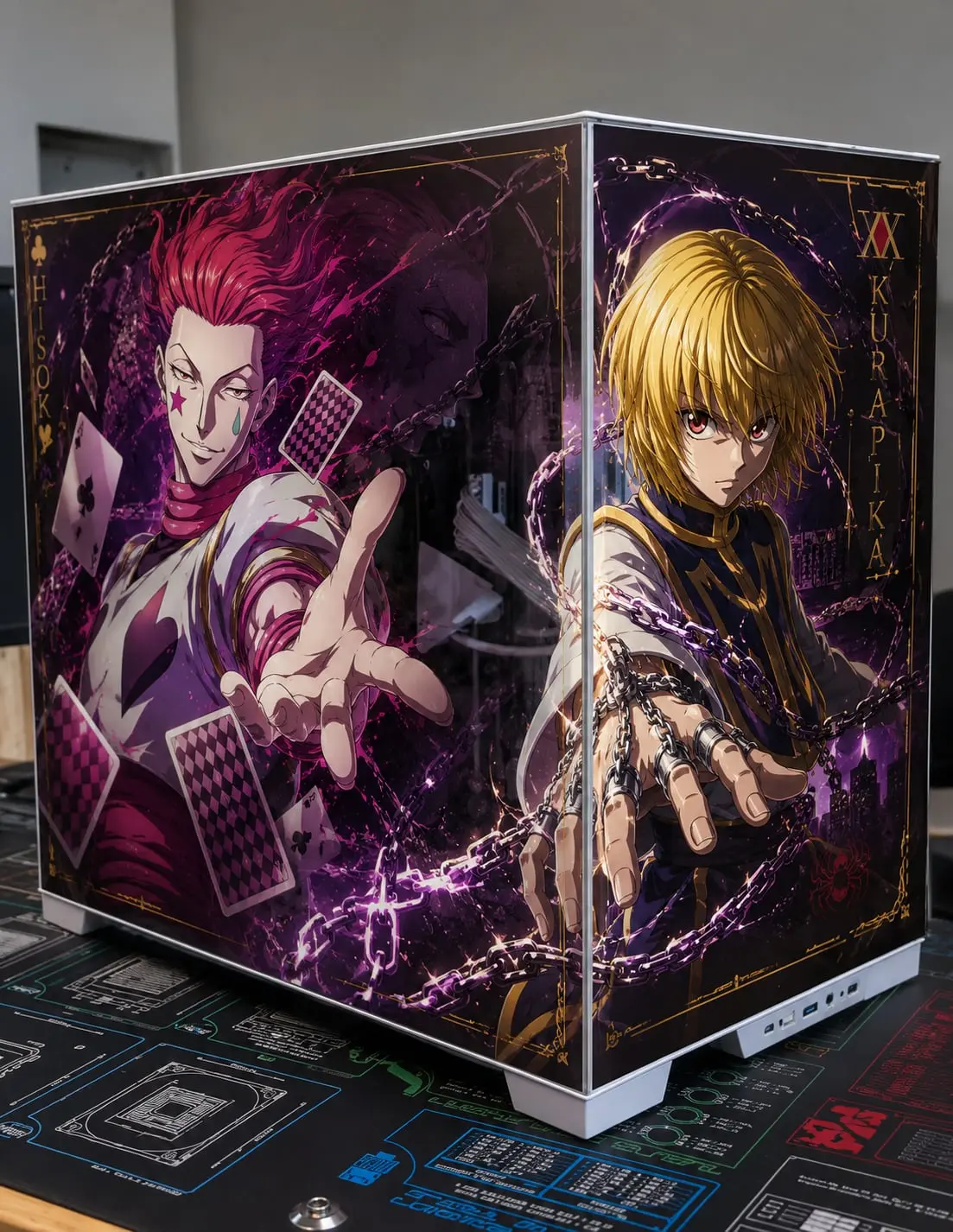 The full wrap unpowered — Hisoka and Kurapika printed panels, chain and card motifs, gold suit column